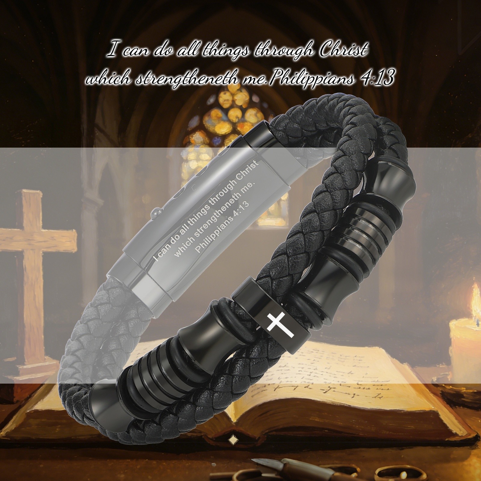 Men’s Inspirational Bible Verse Cross PU Leather Bracelet Braided Christian Cuff