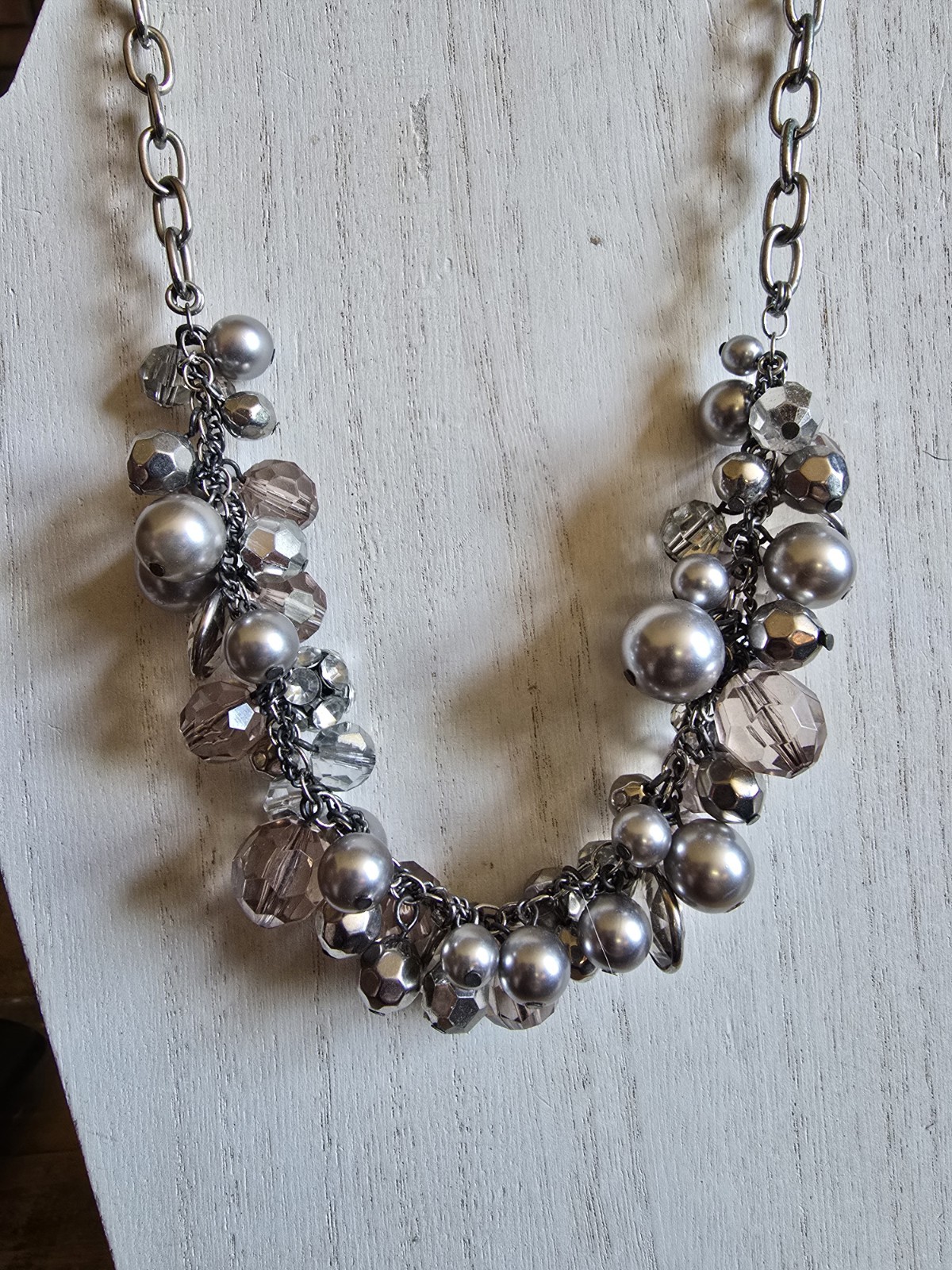 Gun Metal Disco Ball Silver Clear Beads Tinsel Necklace Metal Glass Acrylic