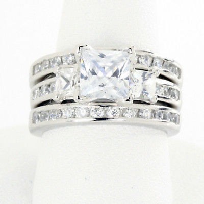 2.17CTW 3 Stone 3 Ring Set Princess Cut CZ Sterling Silver Engagement Sz 5 7 8 9
