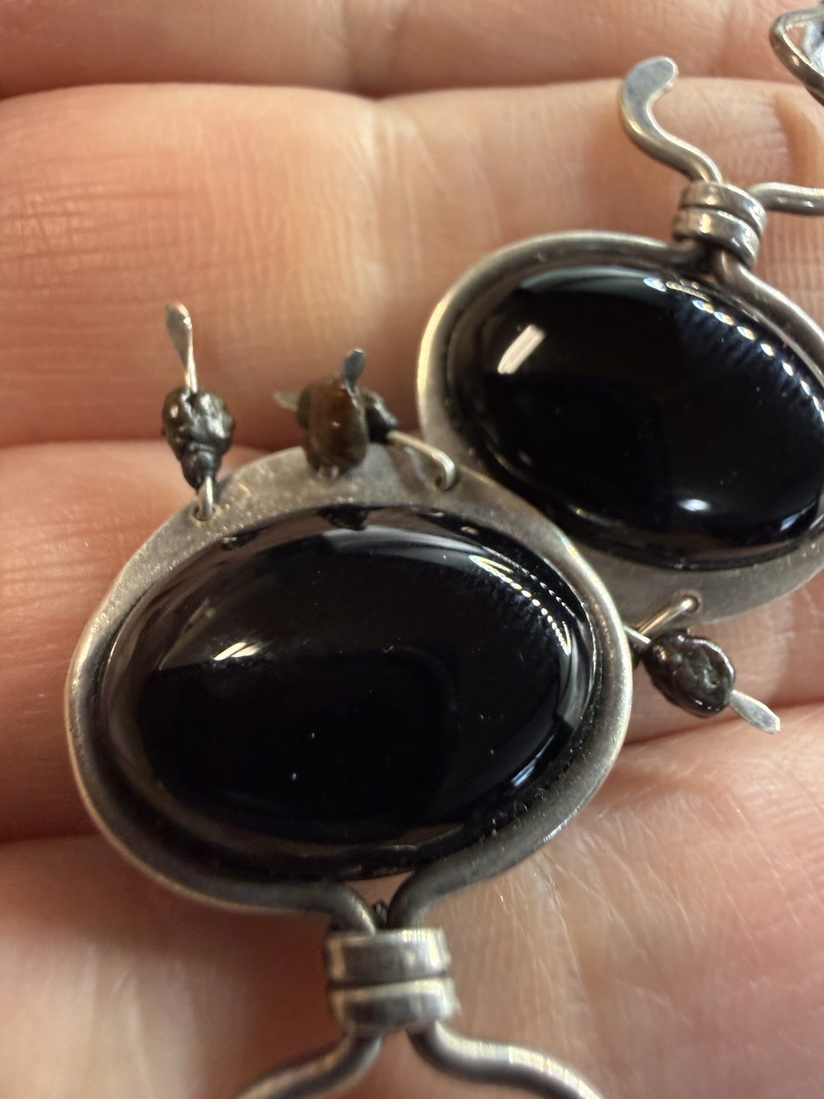 Black Onyx Dangle Ellipse Cabochon Silver Drop Earrings