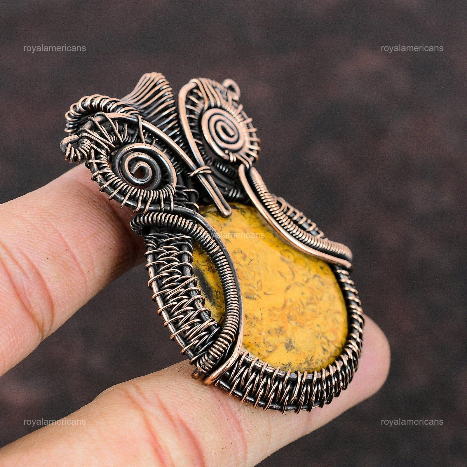 Petrified Wood Jasper Wire Wrapped Owl Pendant Handcrafted Copper Unique 2.48″