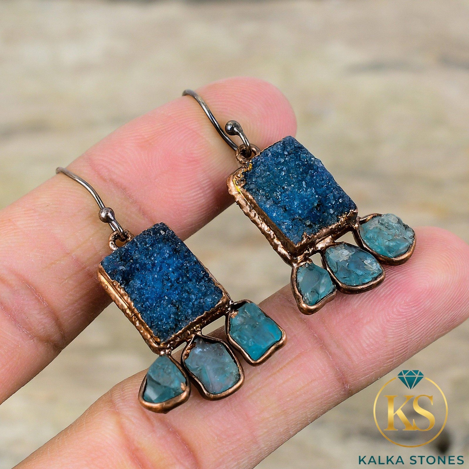 Copper Radiant Natural Blue Druzy Neon Apatite Rough New Dangle Earrings Jewelry