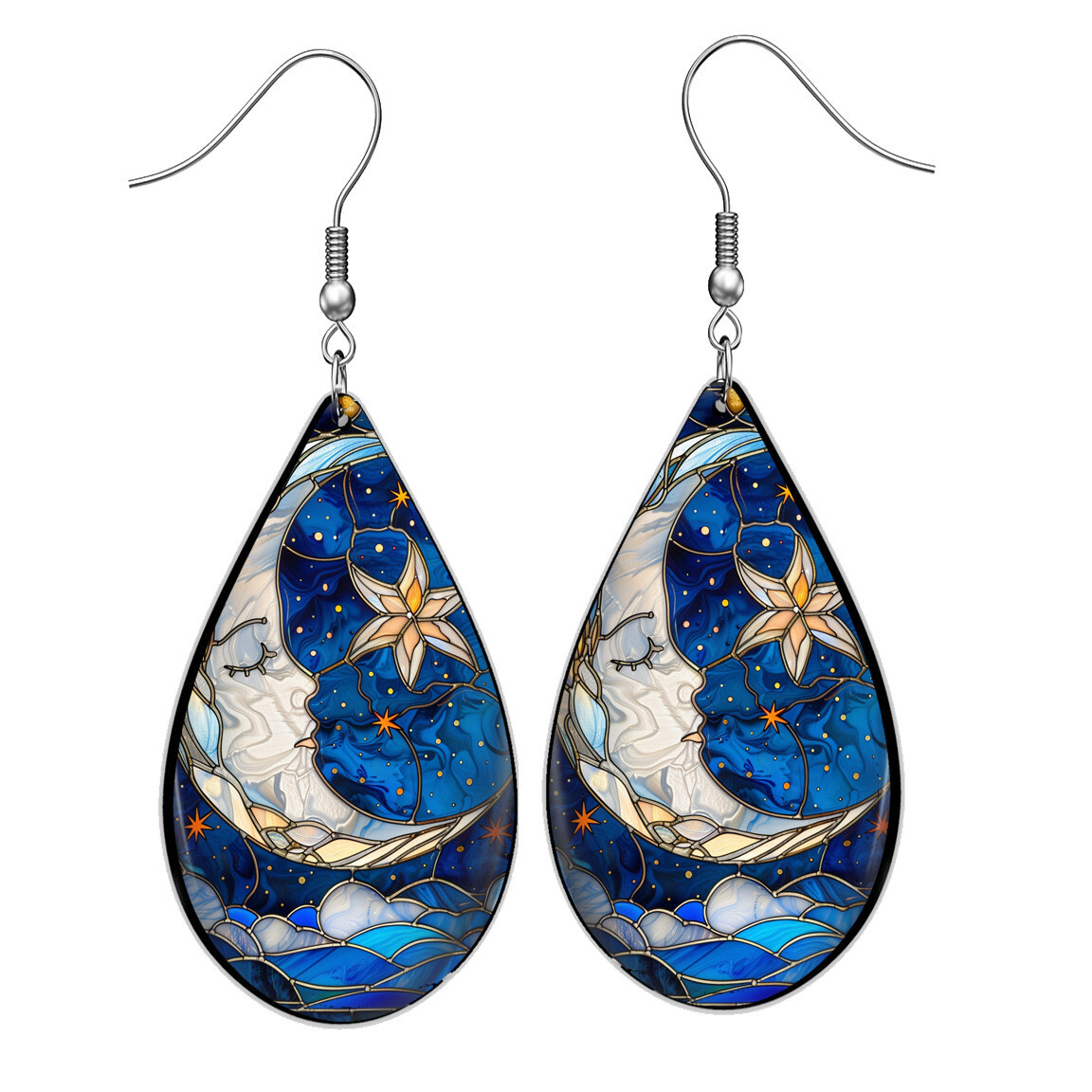 Crescent Moon Teardrop Earrings Starry Sky Celestial Art Print Sterling Silver
