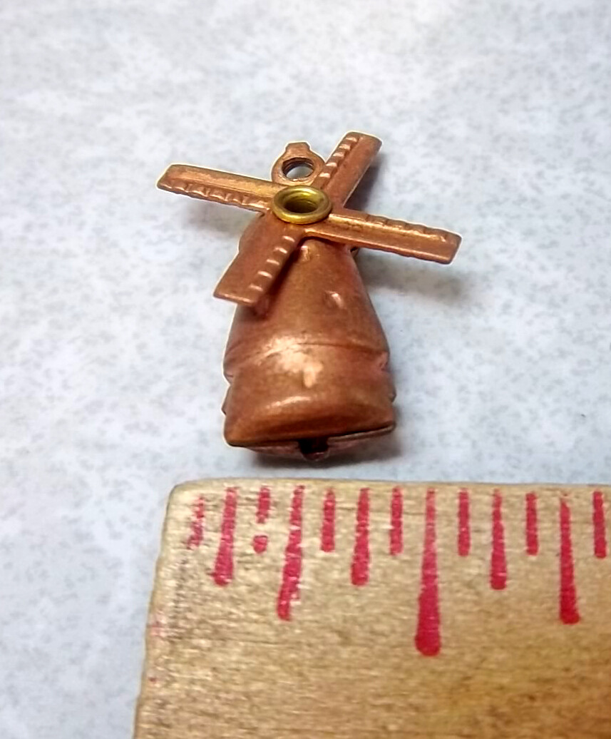 Vintage 1950s copper coated steel WINDMILL charm, blades rotate! cool older item