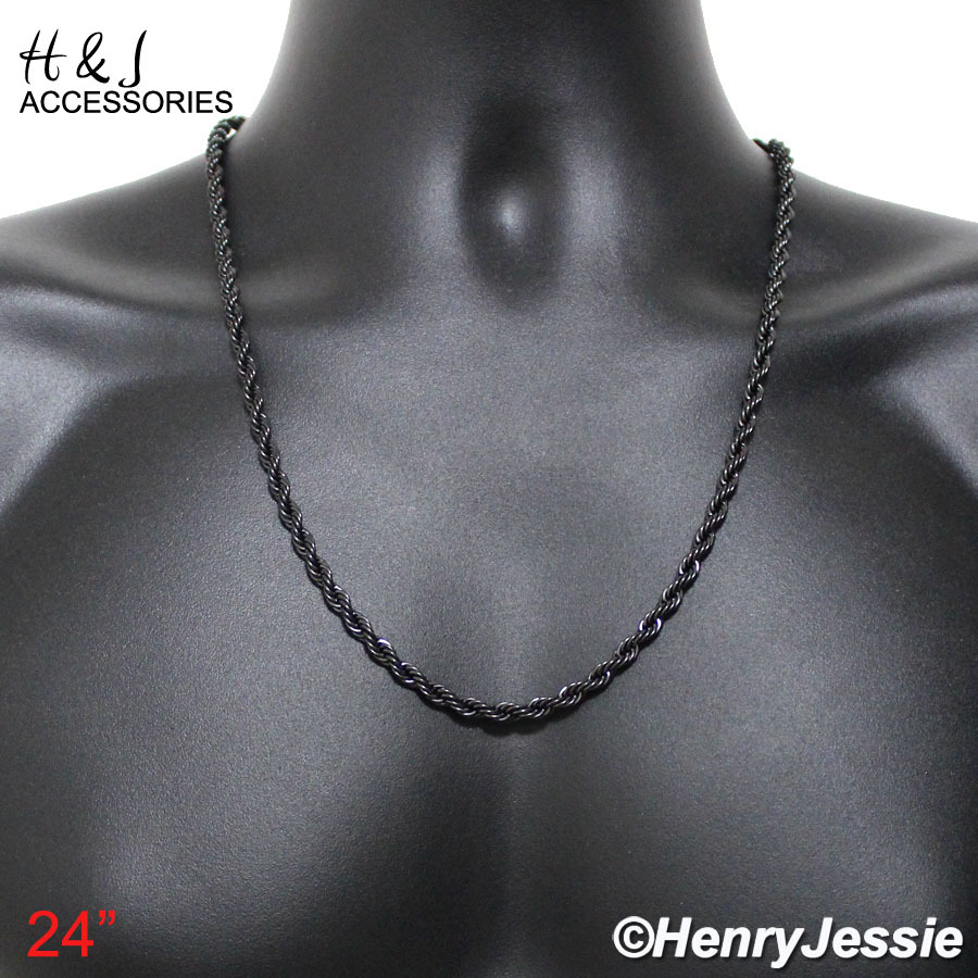 24″MEN Stainless Steel 5mm Black Plated Smooth Classic Rope Link Chain Necklace