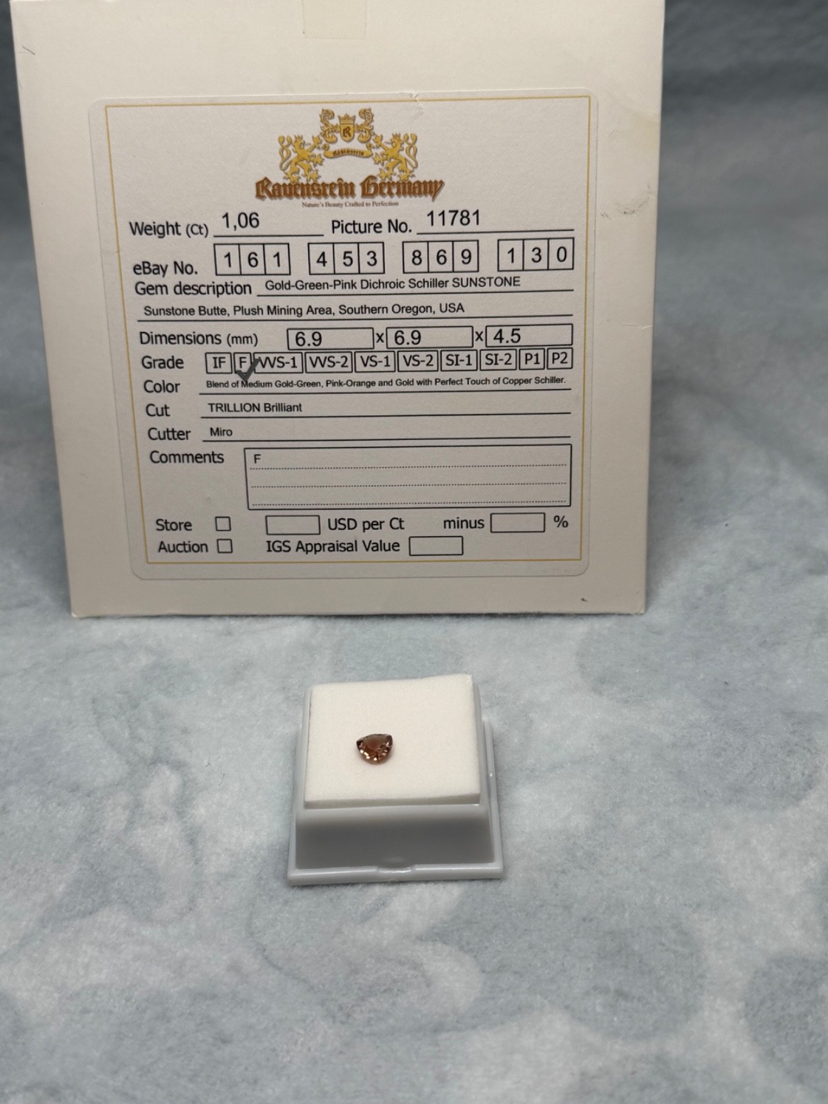 1.06ct Certified Oregon Sunstone Gold Green Pink Dichroic Schiller Trillion Cut
