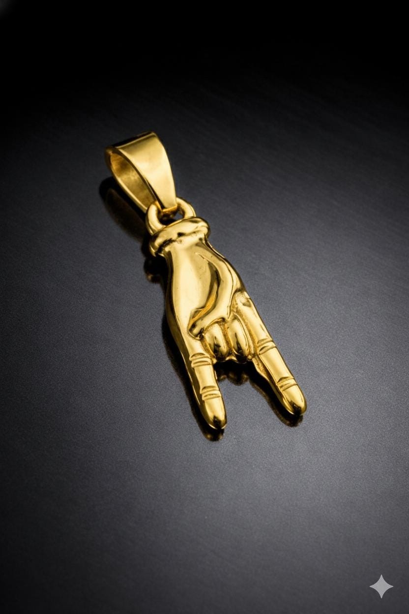 18k Gold Plated Mano Cornuto Charm, Horn Hand Pendant Rock N Roll Hand Necklace