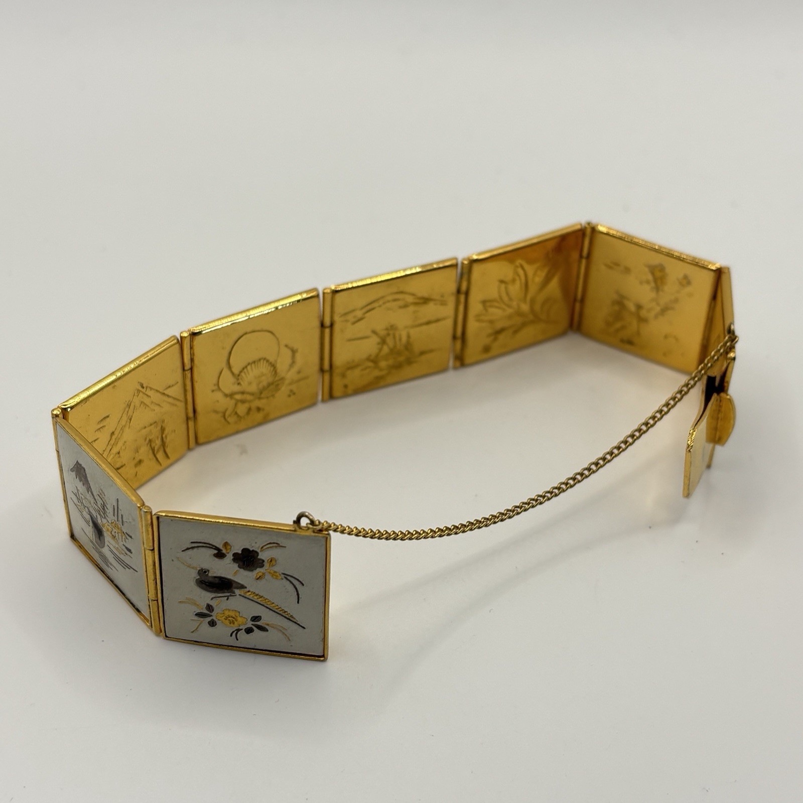 Vintage Amita Japan Damascene Panel Bracelet Gold Tone Scenic Floral Bird Motif