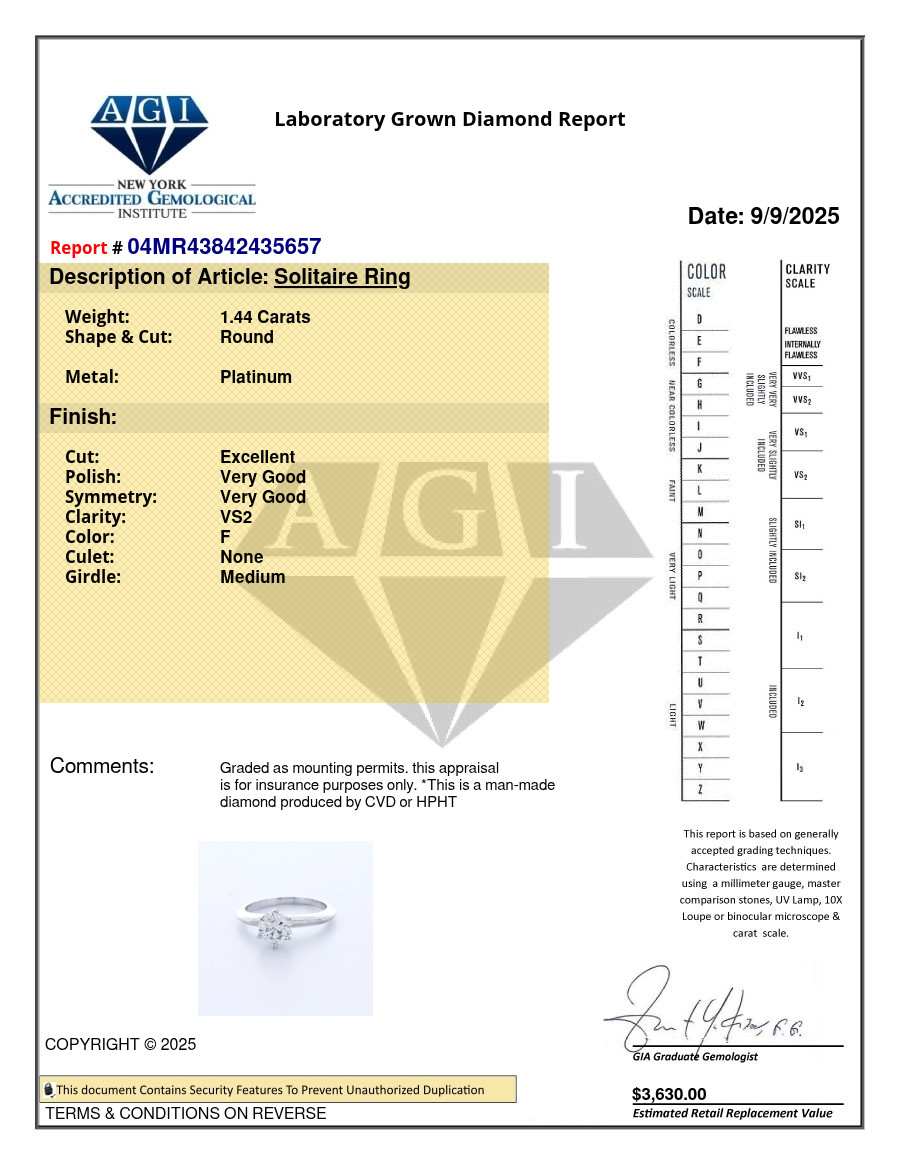 Solitaire Engagement Ring Platinum Classic 1.44 CT Round Lab-Grown Diamond F VS2