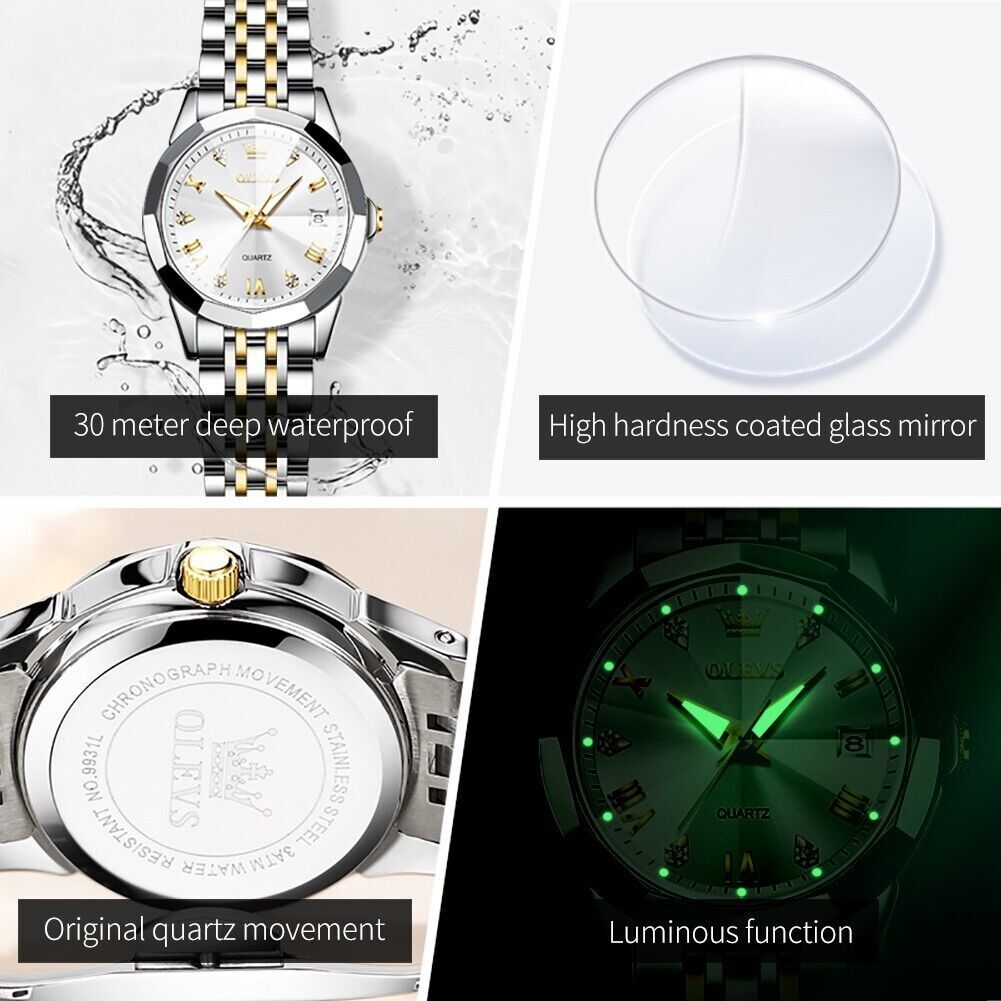 OLEVS Quartz Watch Calendar Stainless Steel Waterproof Women’s Wristwatches Gift