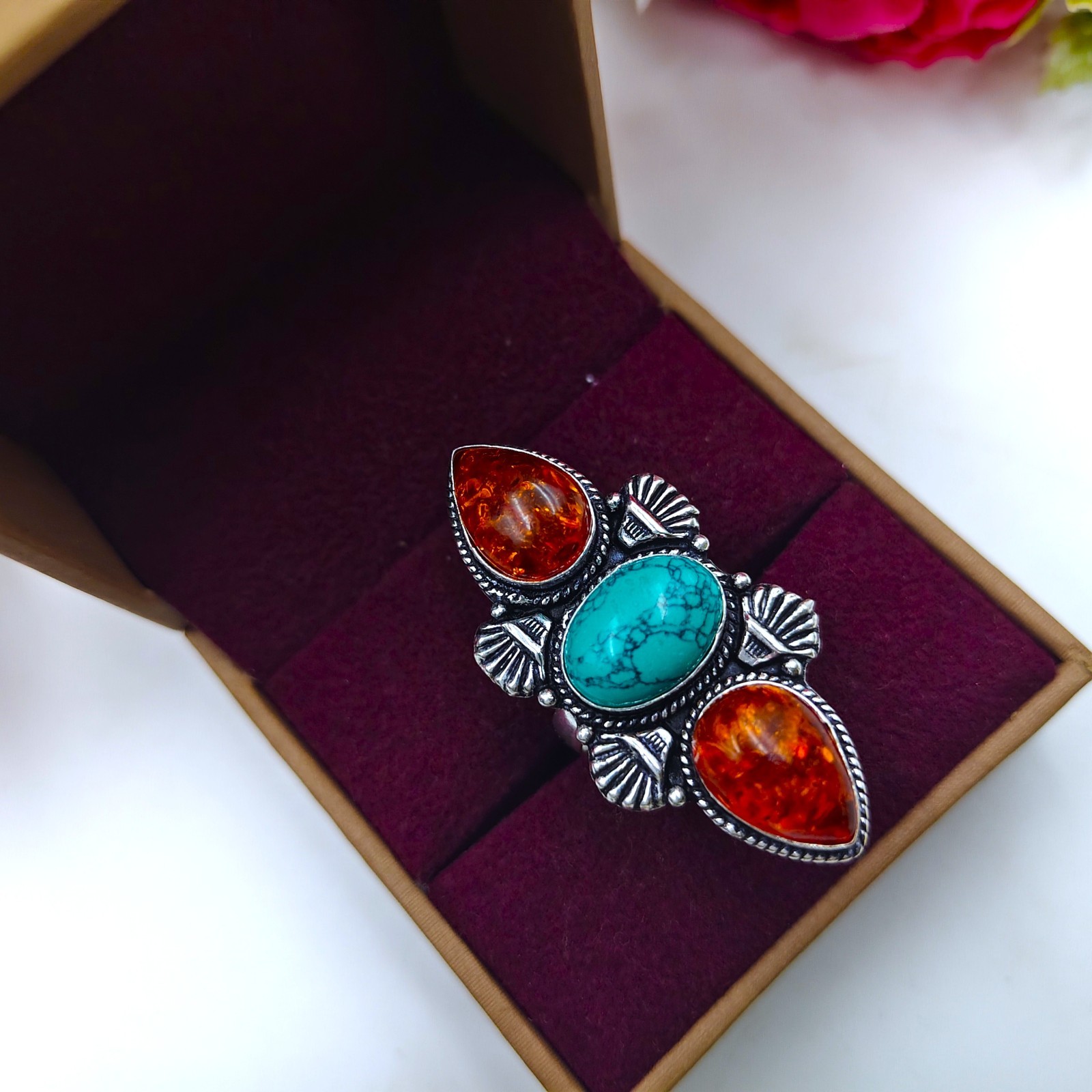 Baltic Amber&Turquoise Gemstone 925 Serling Silver Jewelry Ring All Size