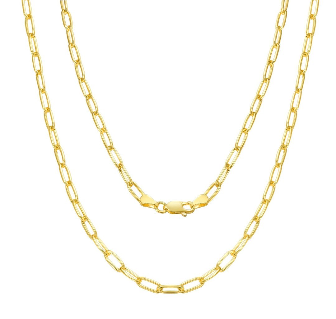 Paperclip Link Chain Necklace 925 Sterling Silver 14K Yellow Gold Plated 2mm