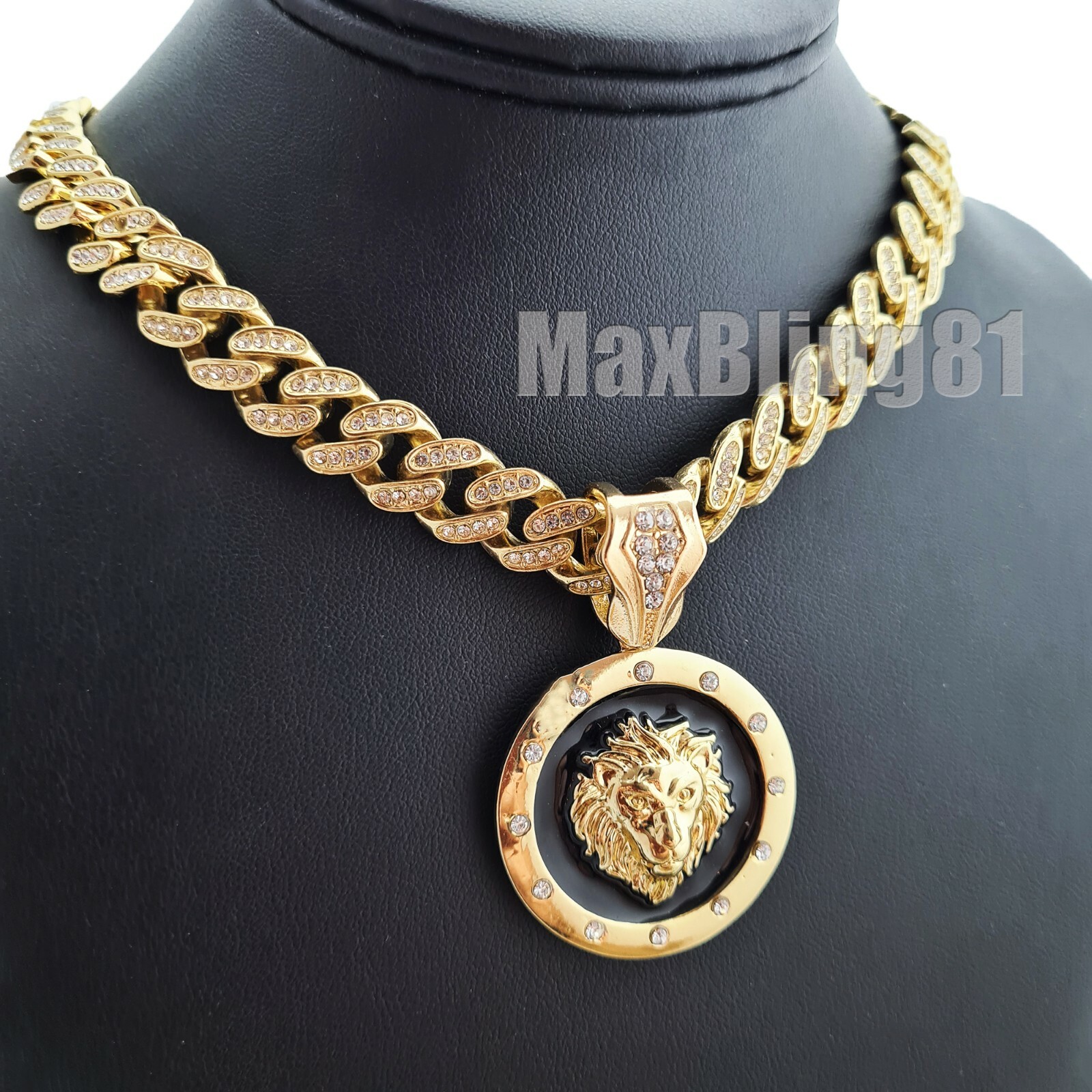 Hip Hop Gold Lion Head Pendant & 16″ 18″ 20″ 24″ Iced Cuban Chain Bling Necklace