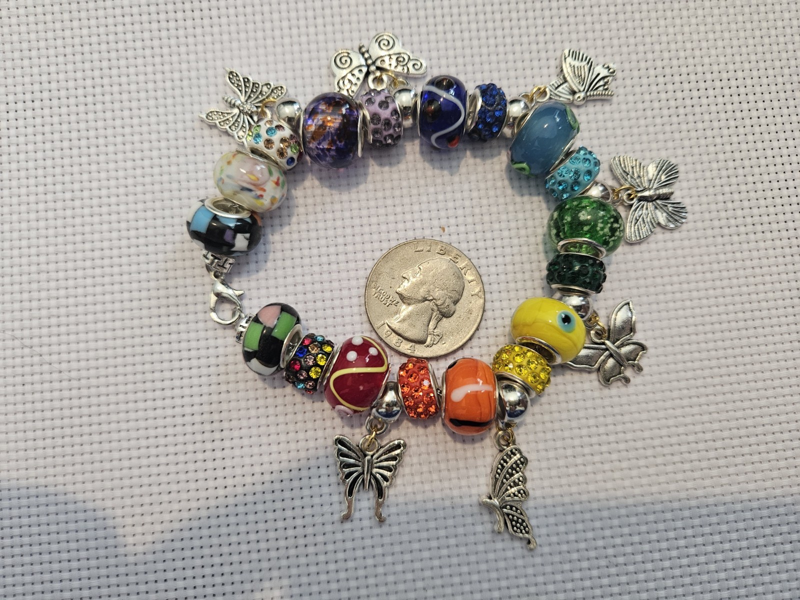 Handmade Rainbow Butterfly Charm Bracelet Silver Tone Glass Beads One of a Kind