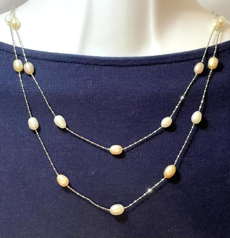Natural Baroque White & Cream Pearl Necklace Chain Station Flapper Dainty 47″L
