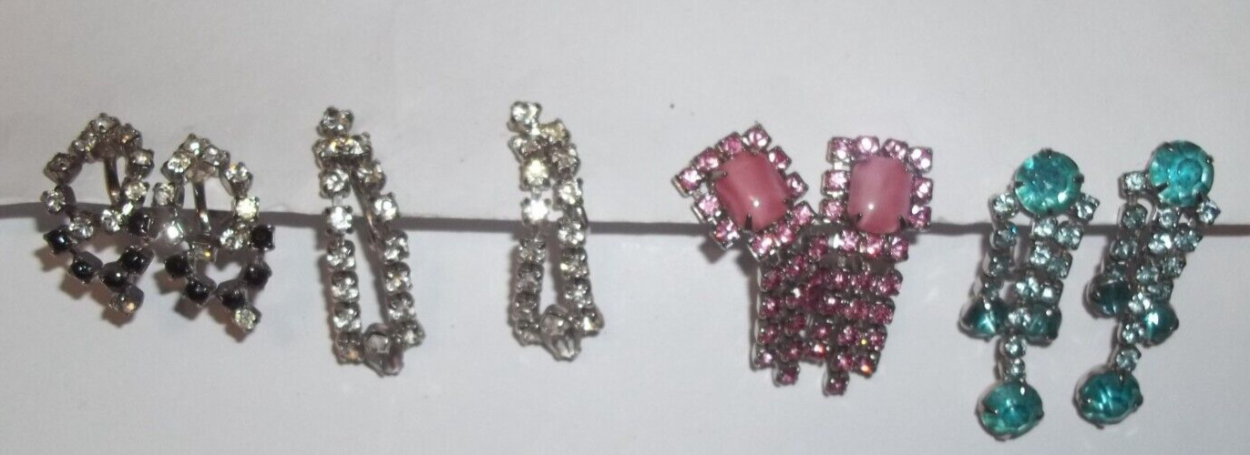 Vintage Elegant Lot of 4 Screw Back Earrings Prong Set Rhinestone Dangly