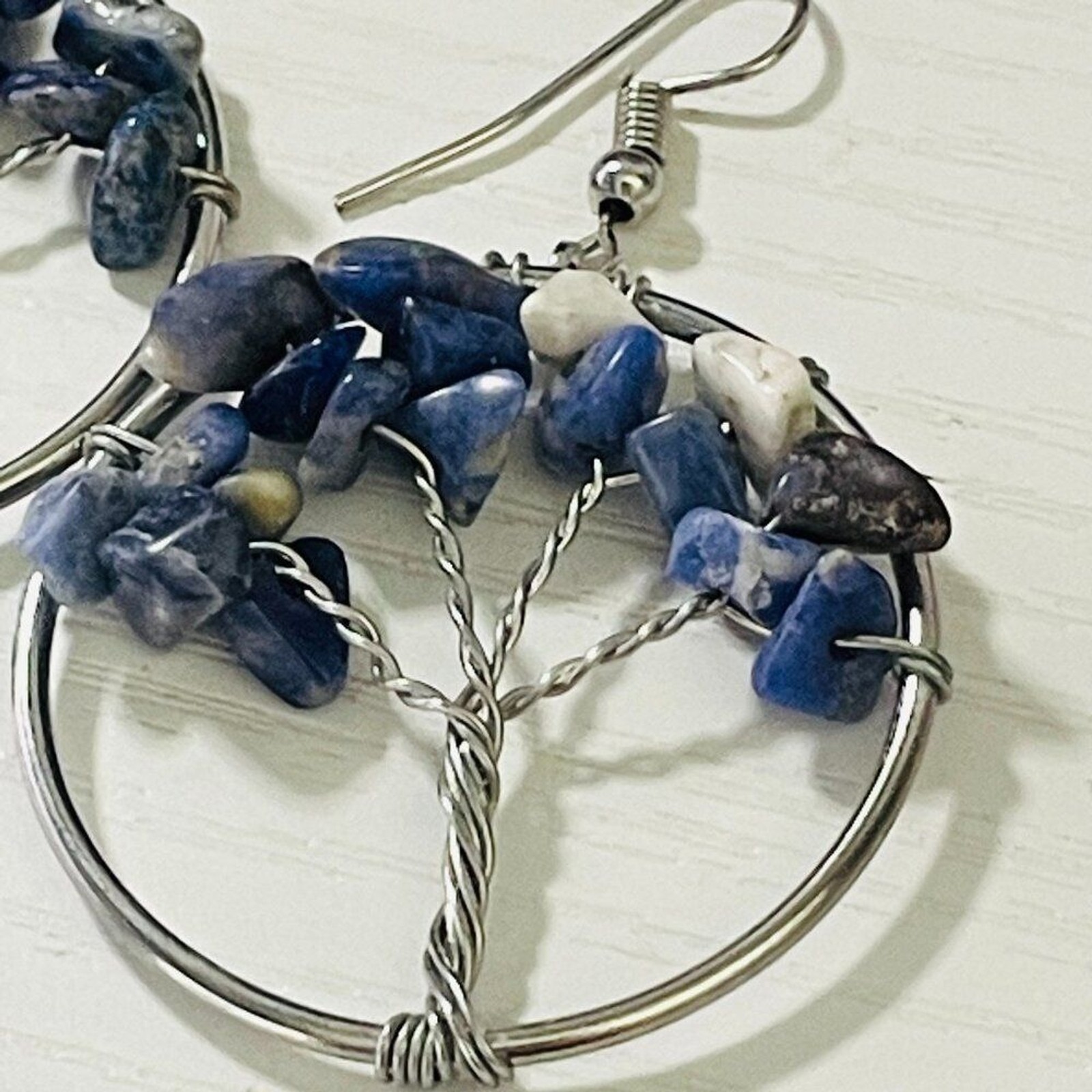 Tree of Life Wire-Wrapped Boho Dangle Earrings Bundle (Blue/Gray & Blue/White)