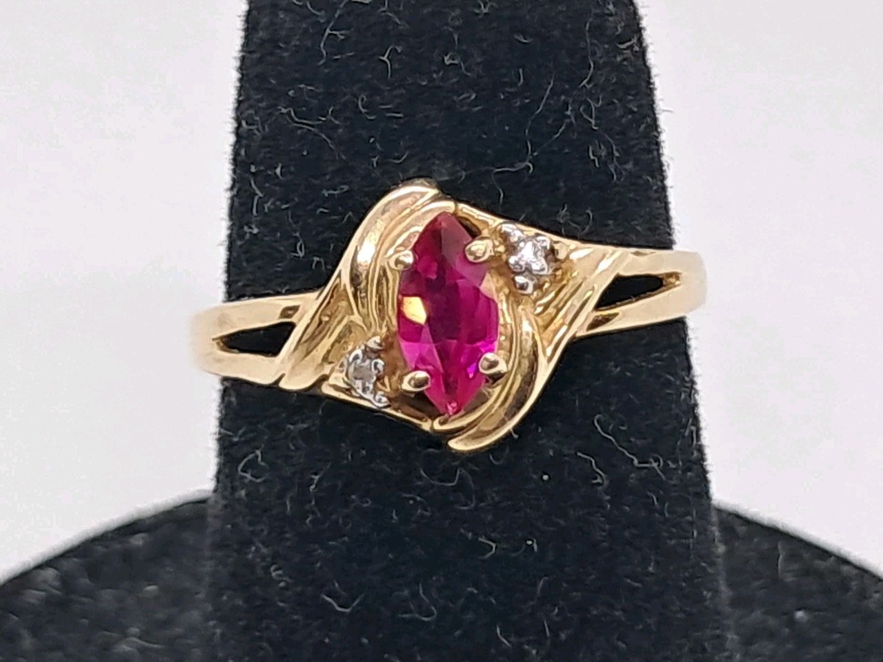 Dainty Victorian Style Marquise Ruby Ring 10K Solid Yellow Gold Natural Diamonds