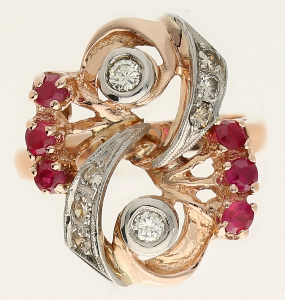 Antique Natural Diamond Ruby Art Deco Ring .90CT 14K Rose Gold Size 6.5