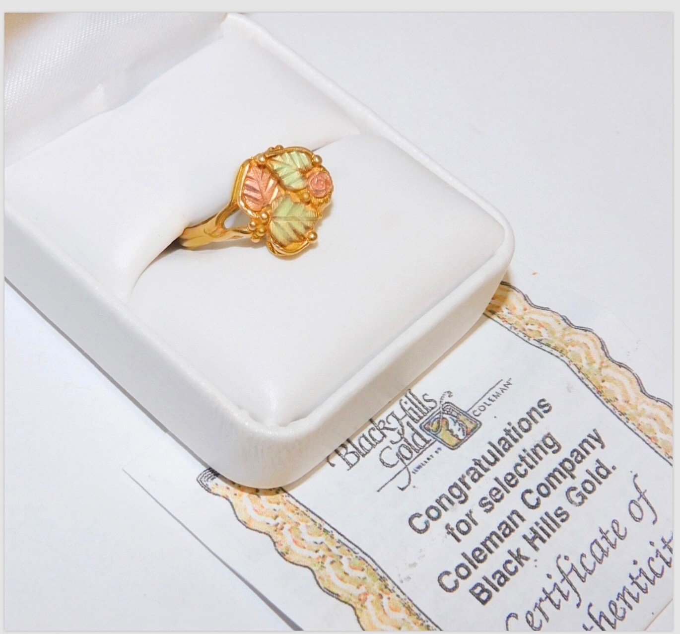 Black Hills Gold 10k Large Coleman Rose Three Leaves Ring Size 6 1/2