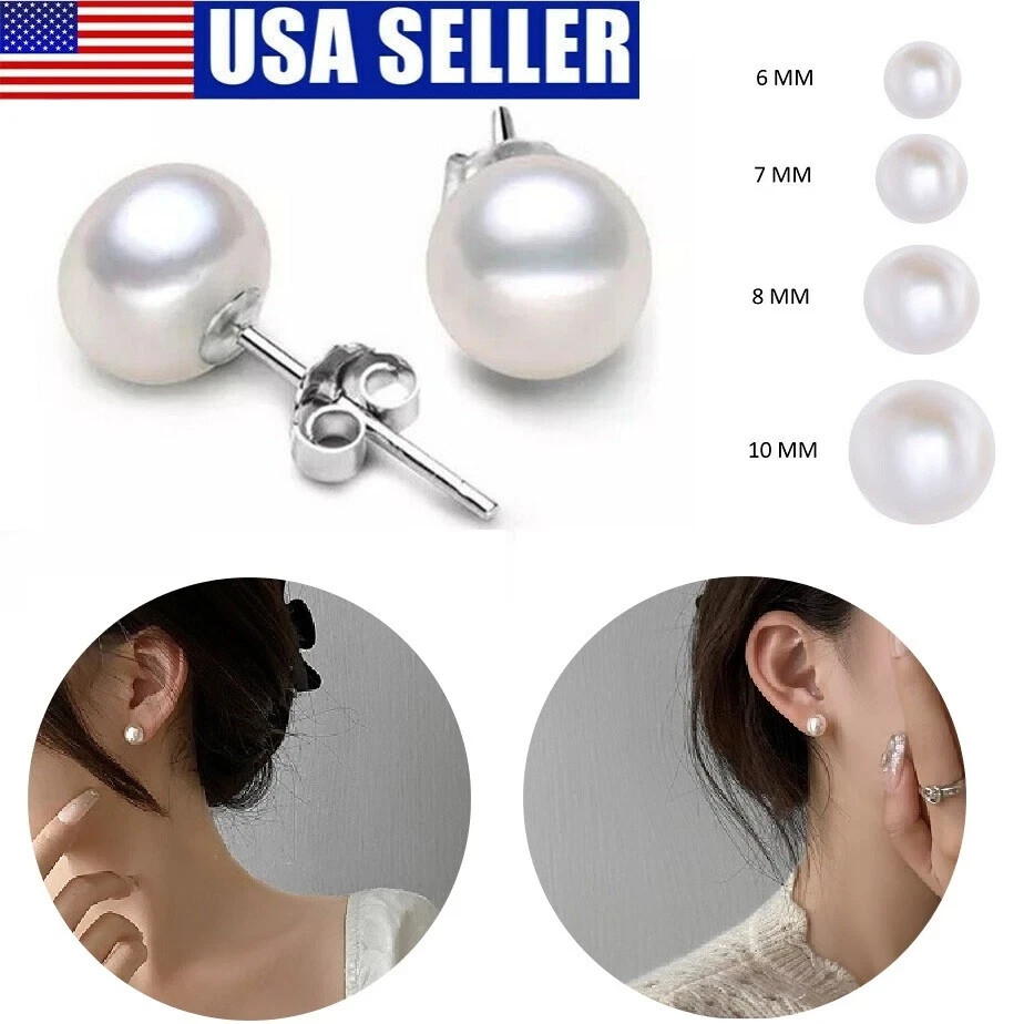 925 Sterling Silver Genuine Freshwater White Pearl Stud Earrings Gift for Women