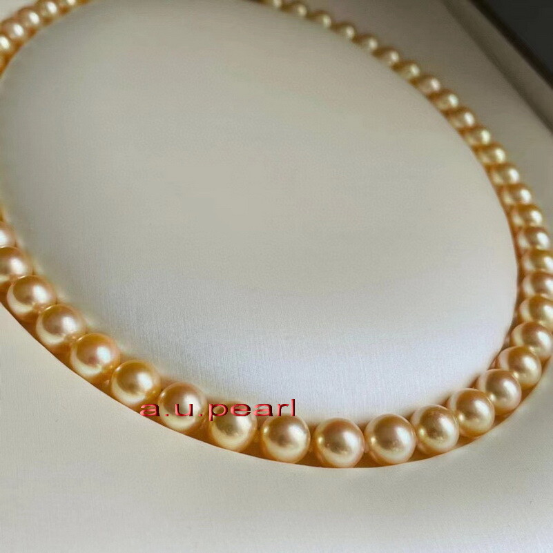 AAAAA 19″11-12MM NATURAL real round south sea golden pearl necklace 14K gold