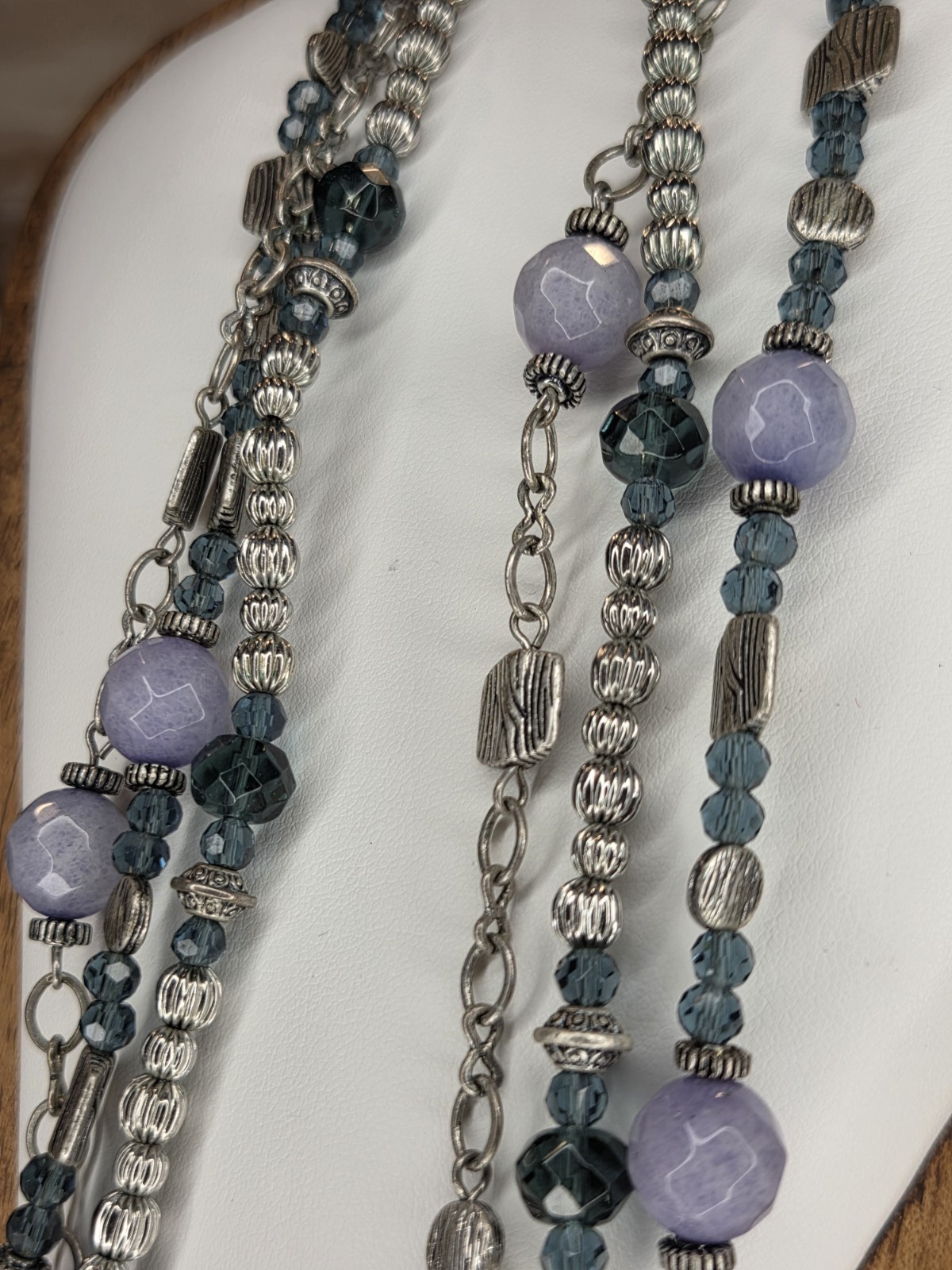 Silver Tone Layered Beaded Necklace, Blue Crystal & Purple Glass, Adjustable