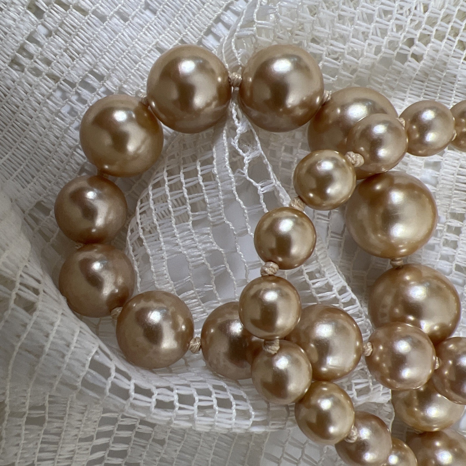 Vintage Champagne Cream Faux Pearl Hand Tied Necklace Graduated & Bracelet