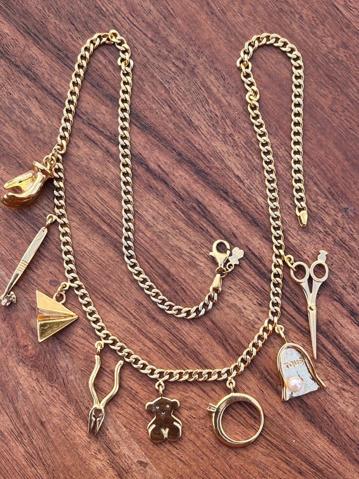 TOUS Silver Vermeil Job Charms Necklace Gold Plated Pearl Topaz Bear Pendant 16”
