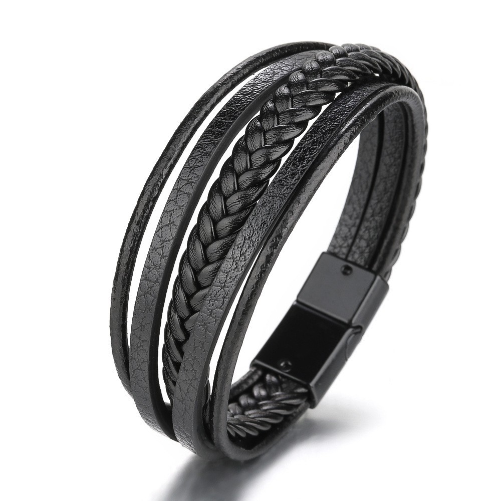 Unisex Leather Braided Wrap Bracelet – Black 21cm