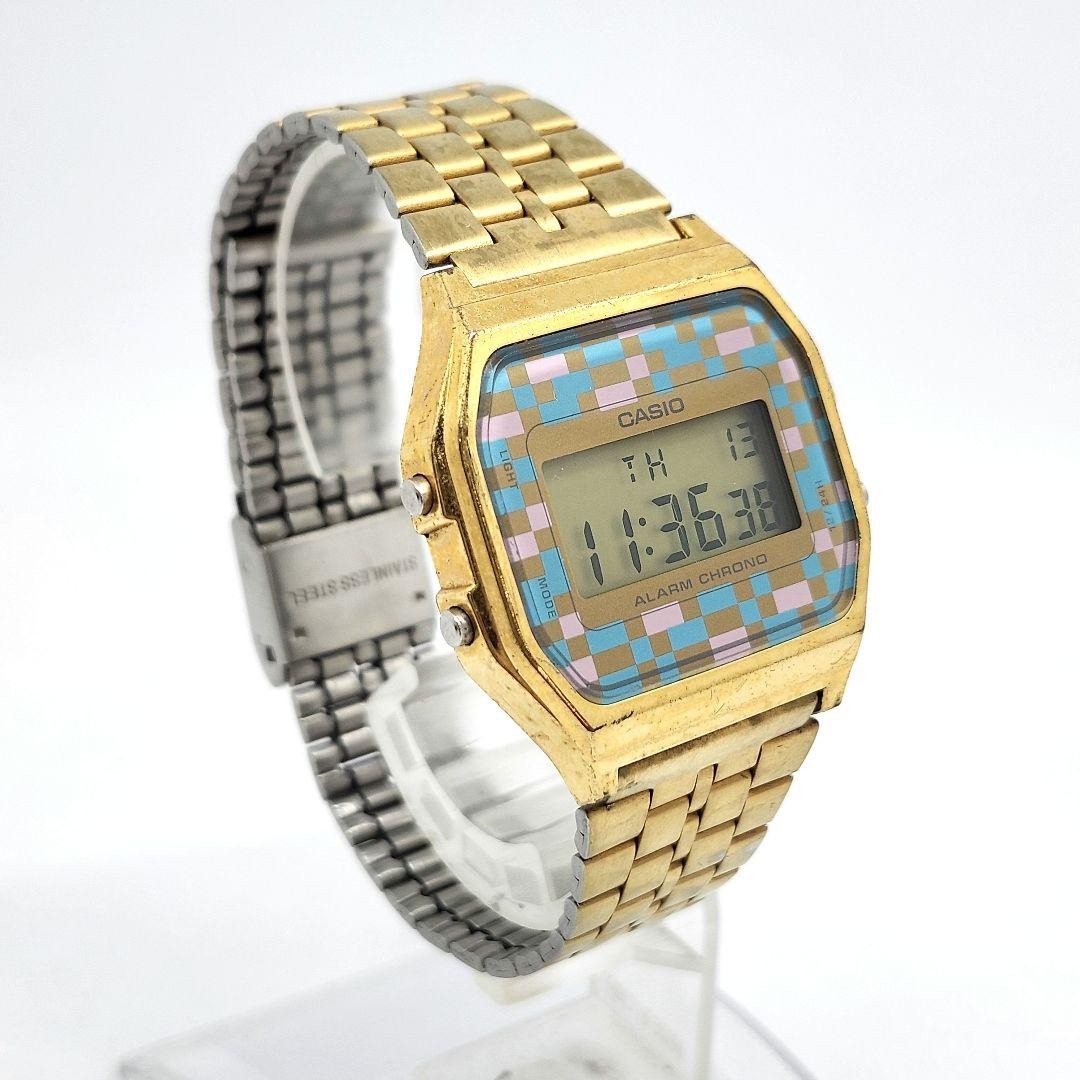 CASIO Digital Watch, Gold Color, Checkered Pattern, A159WGE NEW