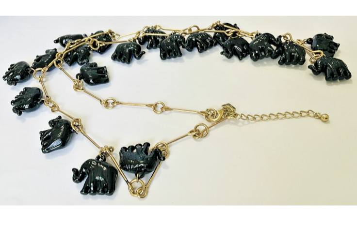 Vintage CN Black Elephants and Goldtone Chain Link Necklace 36″