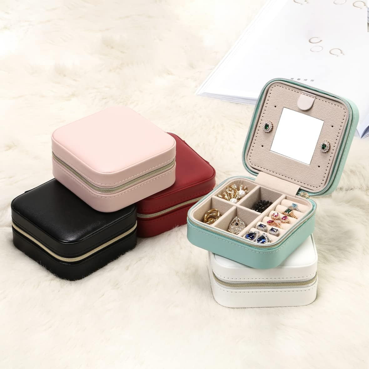 Small Travel Jewelry Case with Mirror, Portable Organizer Box, Blue