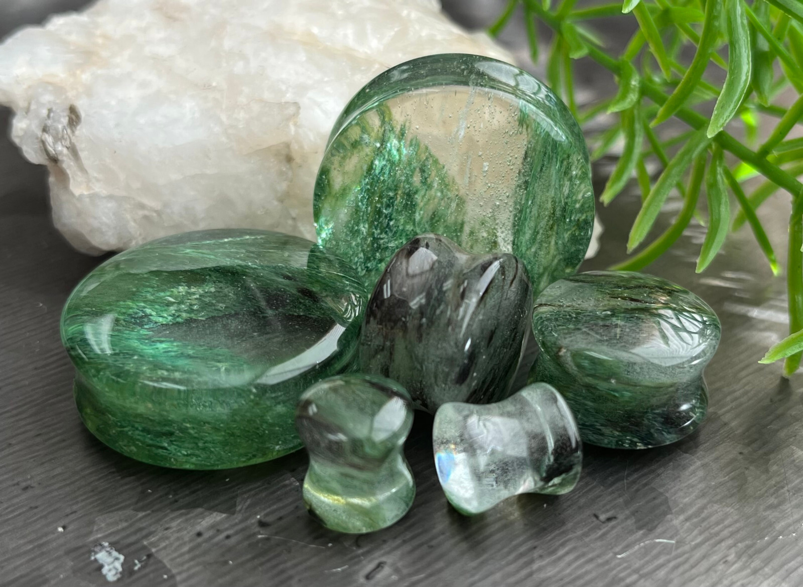 PAIR Mossy Forest Green Style Glass Double Flare Plugs Body Jewelry