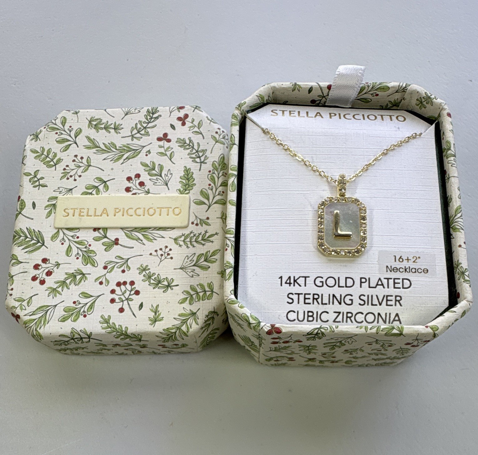NIB Stella Picciotto 14K Gold Plated 925 CZ Letter L Pendant Necklace 16+2″