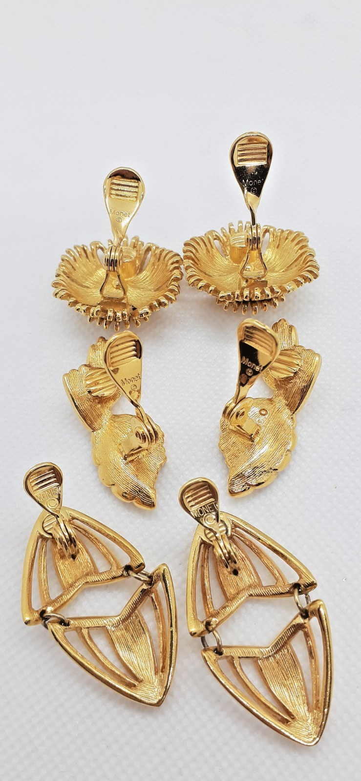 VTG MONET EARRINGS (3 PAIRS/GOLD/CLIPS) Cordelia, Ribbed Twist Bow & Geo Dangles