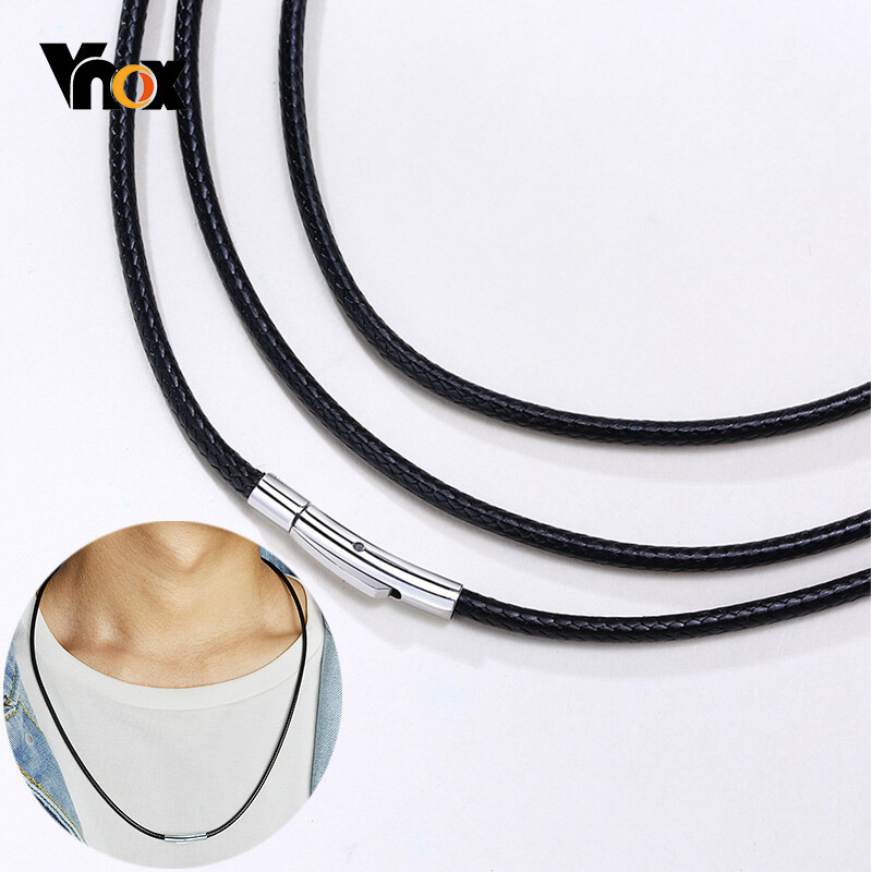 2/3/4/5mm Mens Chain Genuine Black Braided Leather Cord Stainless Steel Necklace