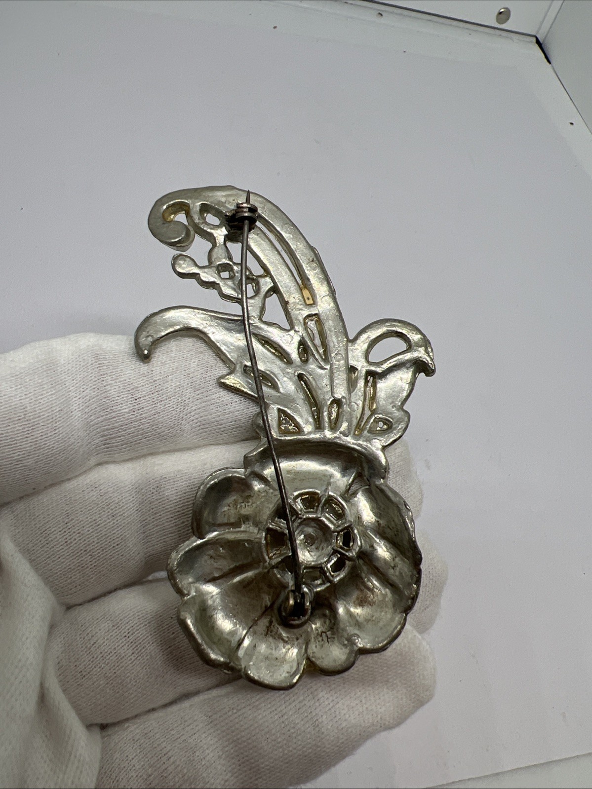 Art Deco Pave Set Clear Rhinestone Flower Brooch 3 1/4 in. Vintage Antique 1920s