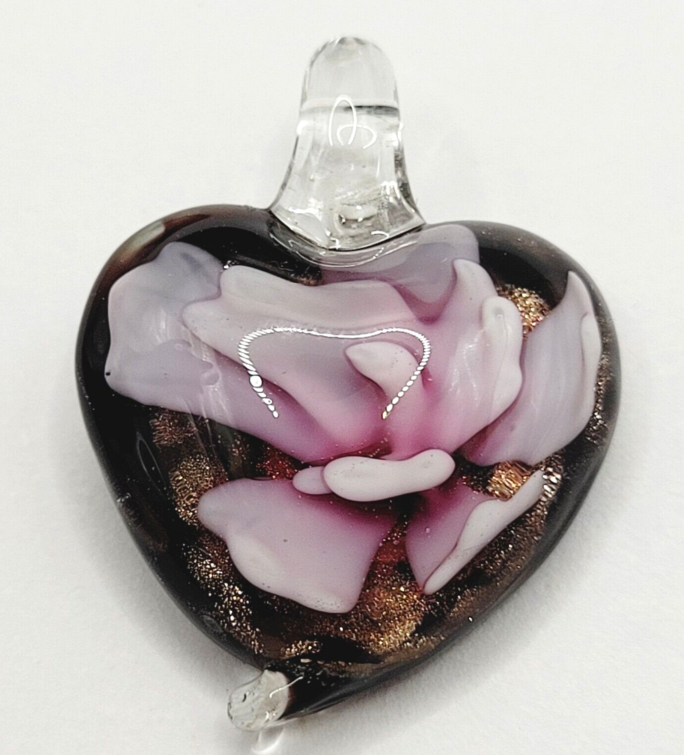 Glass Heart Dusty Rose Artisan Craft Lampwork Style Floral Foil Glitter Pendant