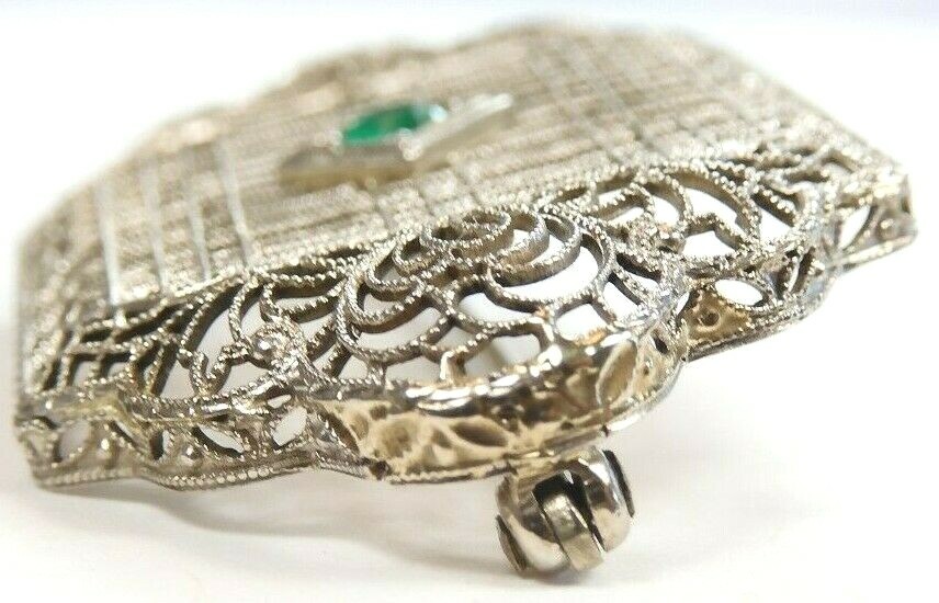 Antique Art Deco Colombian Emerald Filigree Bar Pin Brooch 14K White