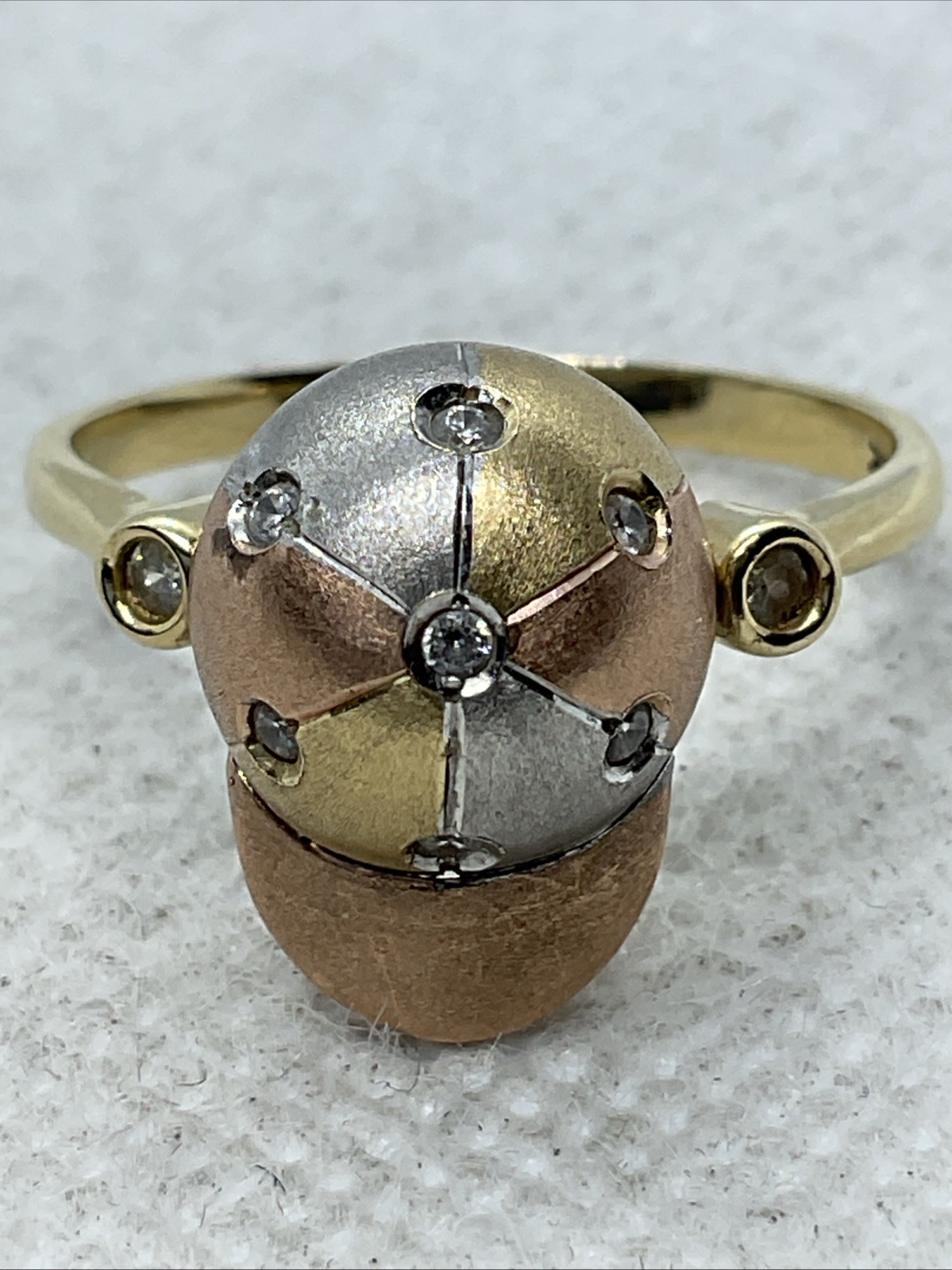 HANDMADE Solid 14K Tricolor Gold White CZ DOME Style ROTATING BASEBALL CAP Ring