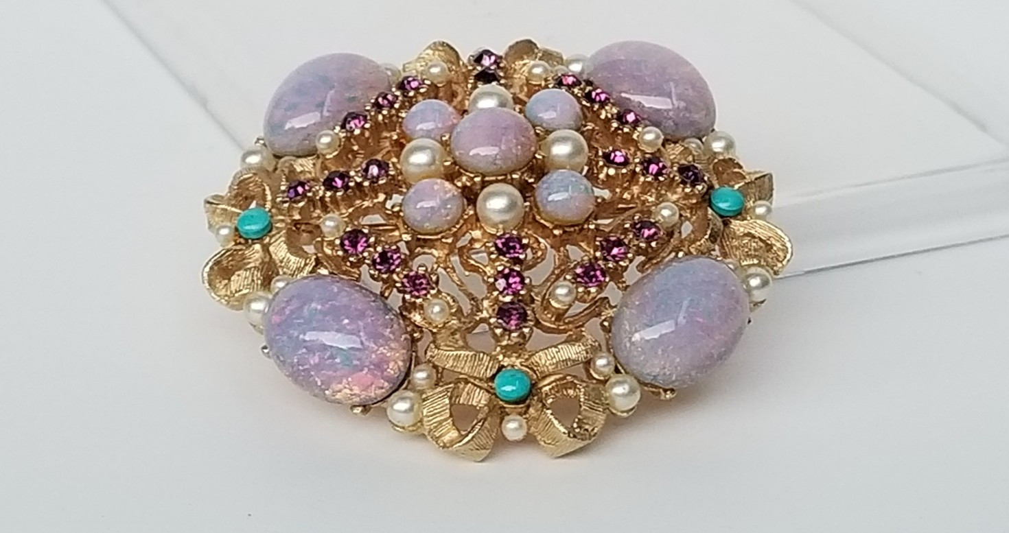 Vintage R. MANDLE Faux Opal, Pearl & Turquoise Rhinestone Gold Tone Pin Brooch