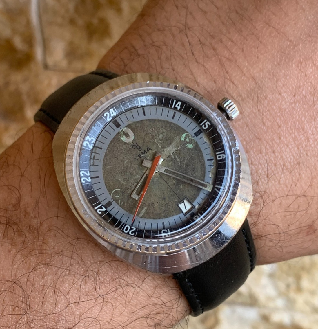 Vintage 1970s YEMA Sous-Marine Diver Watch 37mm Cushion Case Manual Wind Rare