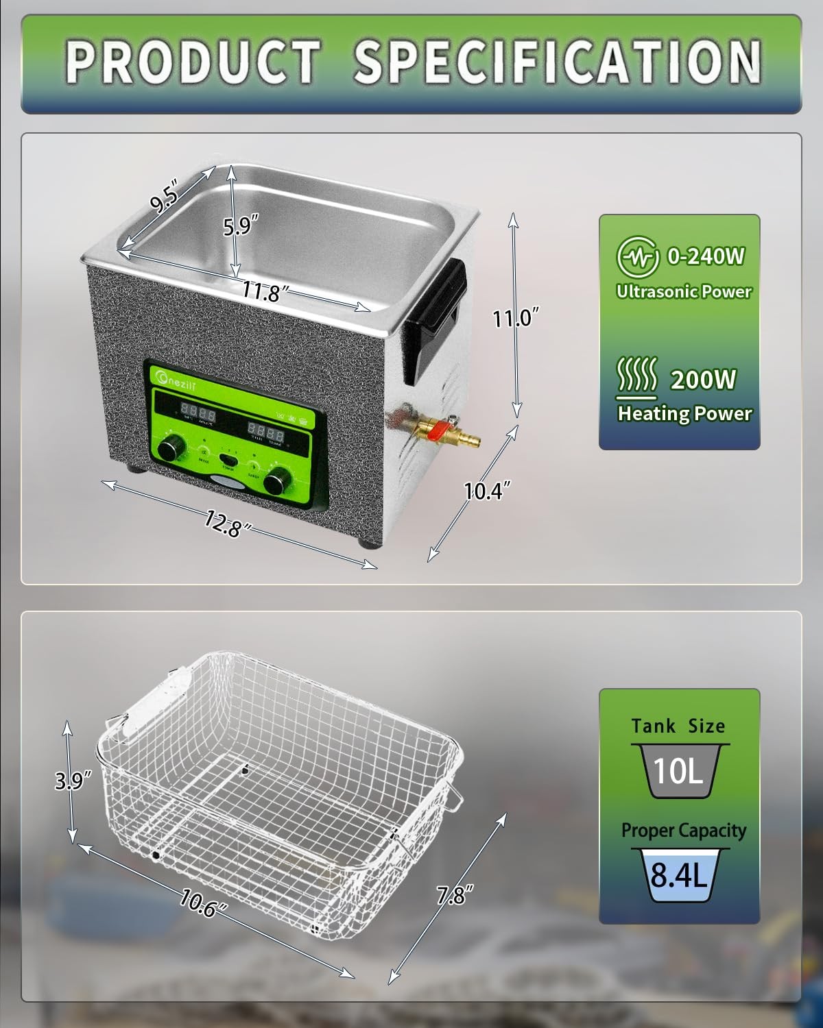 Ultrasonic Cleaner 10L, 240W Ultrasonic Parts Cleaner with Adjustable Power, …