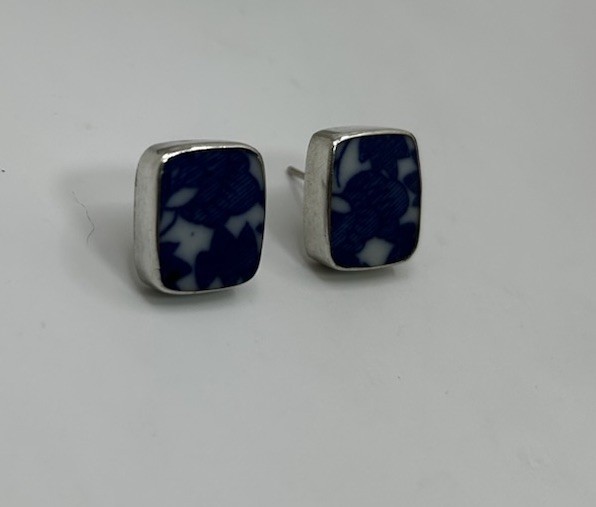 Vintage Blue White Silver Floral Earrings Jewelry No Backings