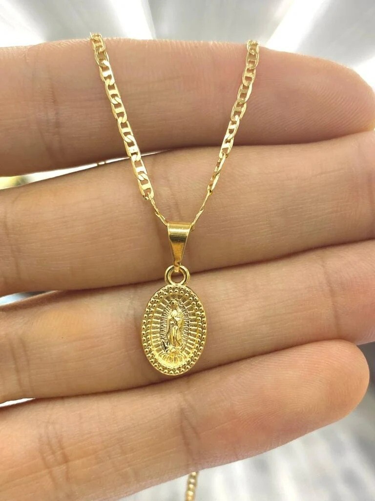 Virgen de Guadalupe Necklace Necklace Gold F Medalla Cadena Baby Women Kids 14×8