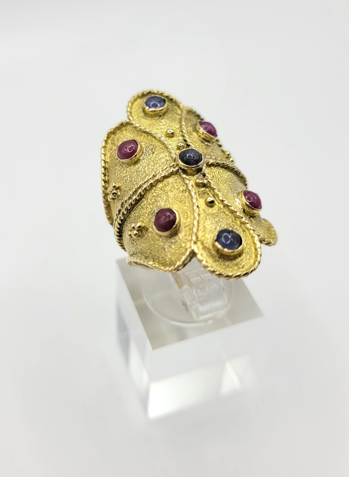 18K Yellow Gold Etruscan Byzantine Ruby & Sapphire Ring