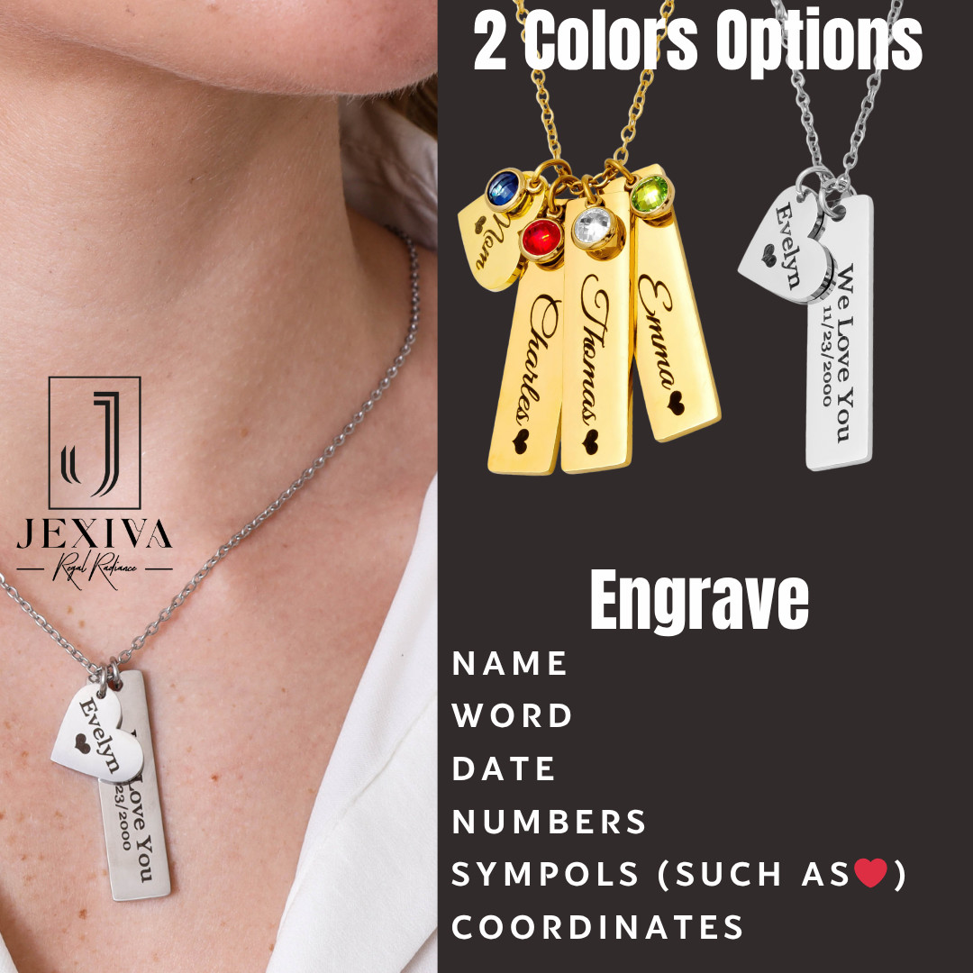 Necklace – Personalized Heart Name Engraved Bars With Birthstone for Women/Men