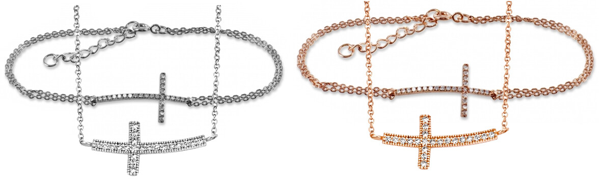925 Real Silver LOT ** Cubic Zirconia Cross Bracelet + Necklace Rhodium Plated / Rose Gold Pl.