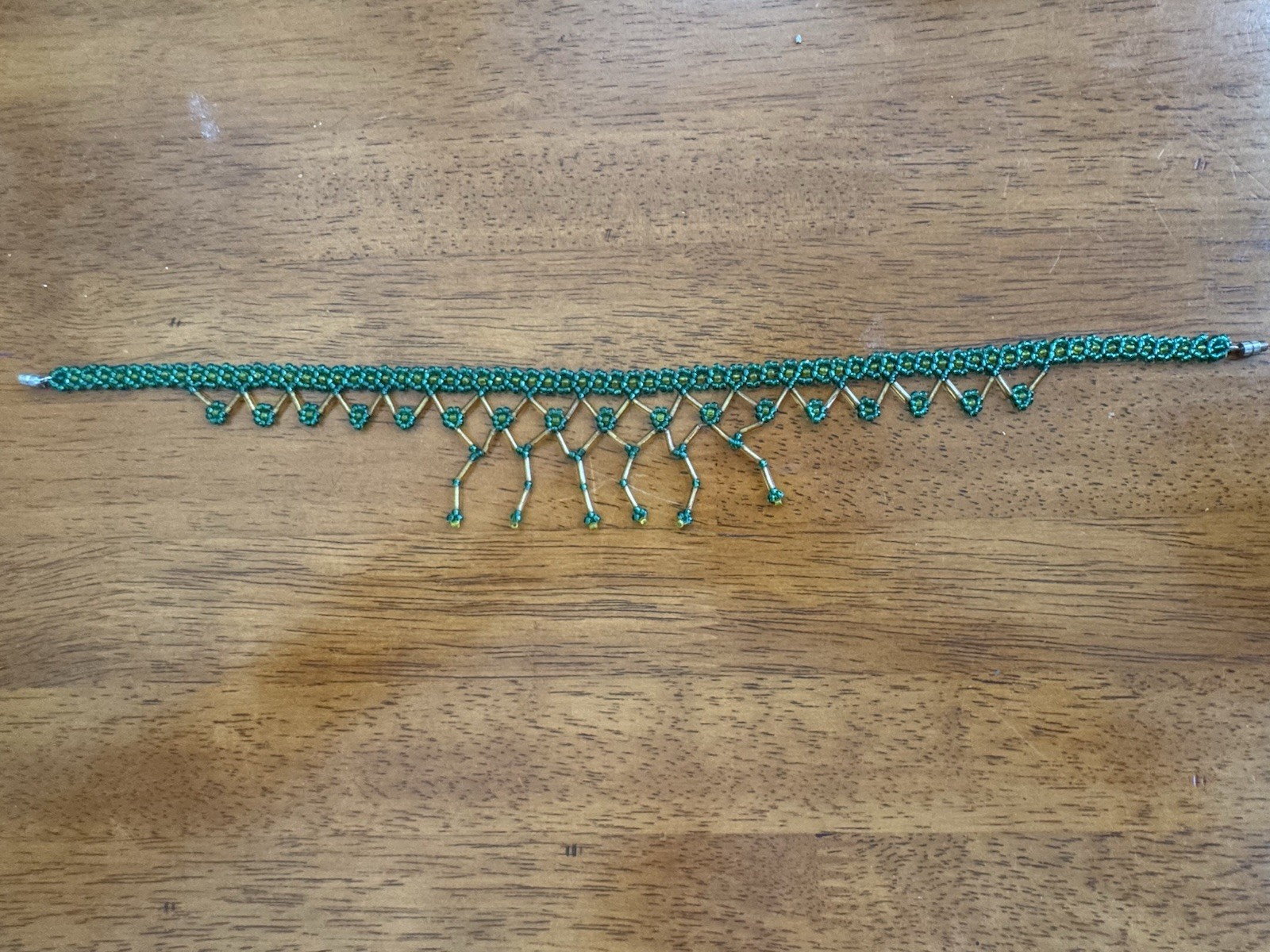 Handmade Beaded Statement Necklace Green And Yellow Choker BOHO Fringe